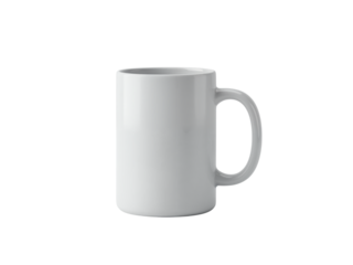 A plain white ceramic mug with a comfortable handle isolated on a transparent background for easy customization isolated on transparent background