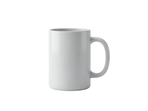 A plain white ceramic mug with a comfortable handle isolated on a transparent background for easy customization isolated on transparent background