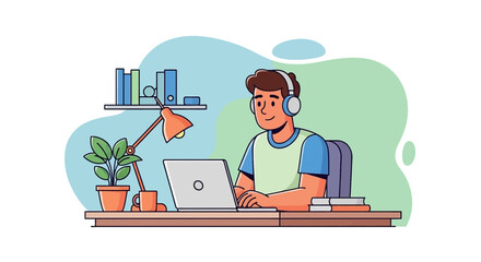 Happy man working or studying remotely on a laptop, wearing headphones at a comfortable home desk. Ideal for online education, virtual meetings, and productive freelancing.