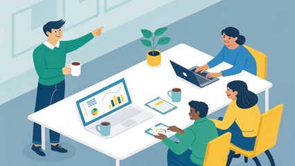 Diverse business team collaborates in a modern office, discussing data and strategy during a productive meeting. Ideal for corporate productivity concepts.