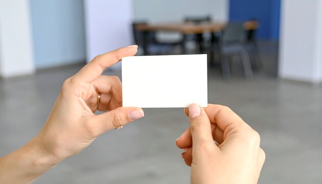 Woman holding blank white business card in modern office space, presenting opportunity for networking and professional connection.