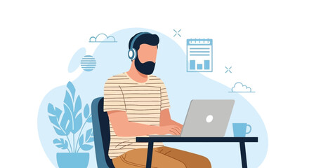 Man with headphones working productively on laptop from home office. Remote work, online education, flexible lifestyle concept.