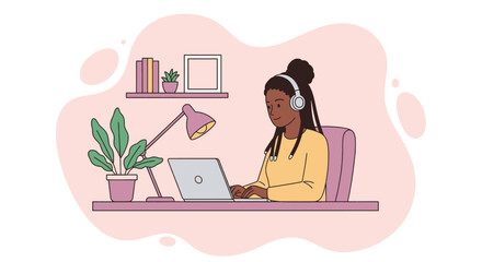 Young woman with headphones focused on remote work at her home office desk. Ideal for concepts of productivity, online learning, and digital business lifestyle.