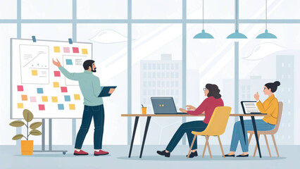 Business professionals collaborate in a contemporary office setting, featuring a man leading a whiteboard presentation and colleagues working on laptops, ideal for corporate themes.