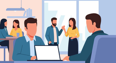 Modern office environment with diverse business professionals collaborating. Ideal for showcasing teamwork, meetings, and a productive work culture.