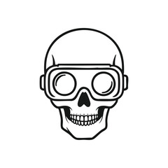 Goggle Wearing Skull Icon. Minimalist cranium graphic featuring vintage safety glasses, conveying themes of danger, adventure, or futuristic identity. Ideal for edgy designs.