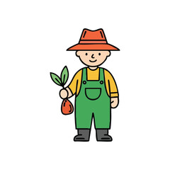 Joyful Gardener Planting Green Seedling. This cheerful character in work attire cultivates a young plant, symbolizing growth, new beginnings, and environmental responsibility. Ideal for eco themes.