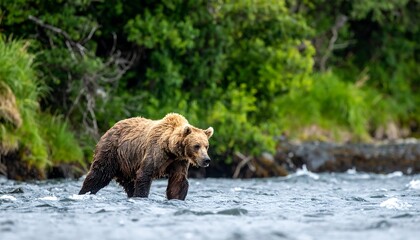 A large brown bear navigates a rushing river, a serene wildlife encounter in a lush Alaskan landscape.