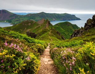 Mountain trail winding through vibrant wildflowers