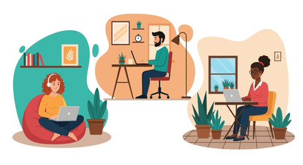 Diverse individuals demonstrate remote work flexibility from various comfortable home office settings, highlighting modern telecommuting and virtual collaboration for business and lifestyle.