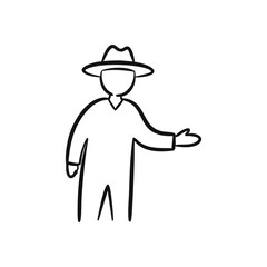 Inviting Silhouette with Fedora. This minimalist graphic shows a person wearing a stylish brimmed hat. The open hand conveys a sense of welcome, offering, or revelation.