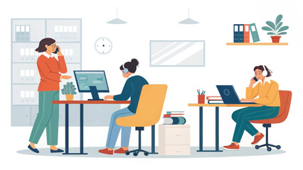 Diverse women actively collaborating and communicating in a modern, productive office environment. Ideal for business, technology, and teamwork concepts.