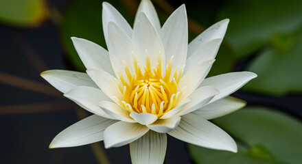 Stunning white water lily blooms with vibrant yellow center, symbolizing purity and tranquility.