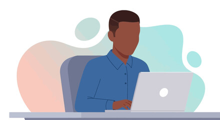 Illustration of a professional working on a laptop at a desk, representing concepts like remote work, business, technology, and online education.