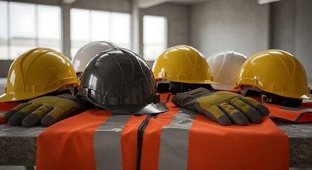 Construction Safety Gear Hard Hats and Protective Vest on Site