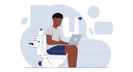 Man working on laptop while sitting on toilet, illustrating extreme multitasking, remote work, digital lifestyle, or privacy in a busy world.