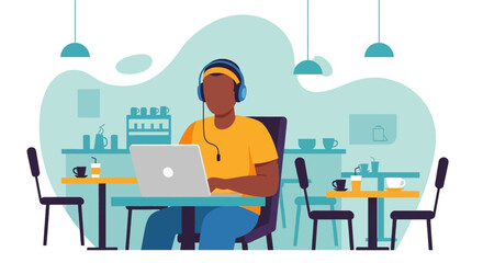 Focused person in headphones working on a laptop at a modern cafe. Represents remote work, productivity, and digital lifestyle.