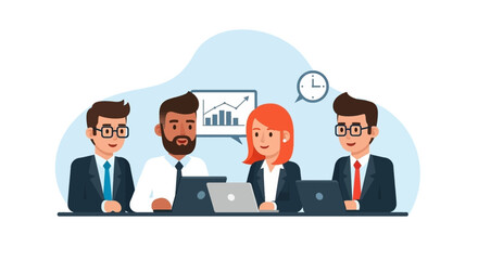 Diverse business team collaborating in a professional setting, analyzing data, and strategizing for growth and success. Ideal for corporate, finance, and office themes.