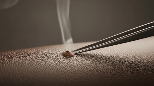 CloseUp Tweezers Removing a Smoking Skin Tag Medical Procedure.