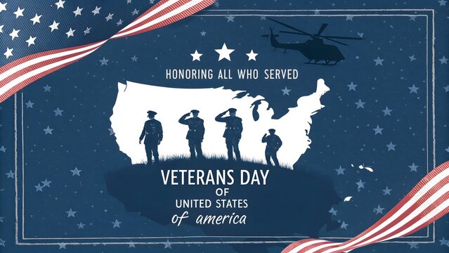 A Heartfelt Tribute Veterans Day Honoring Service and Sacrifice United States Map with Silhouetted Soldiers and a Helicopter Against a Starry Patriotic Backdrop