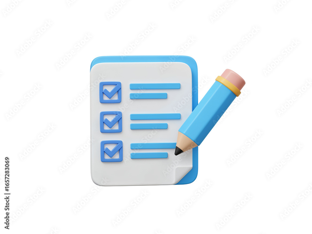 Poster 3d rendering of a checklist with checkboxes and a pencil for making notes isolated on transparent ba