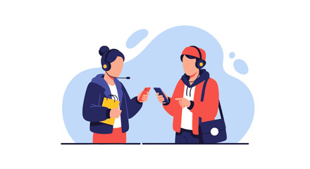 Modern digital communication and online shopping. Two people interact via smartphones; one with a headset for support, the other for mobile tech use.