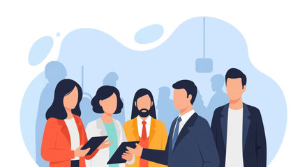 Diverse business professionals collaborate in a vibrant office or conference setting, discussing ideas and solutions. Ideal for themes of teamwork, innovation, and corporate success.