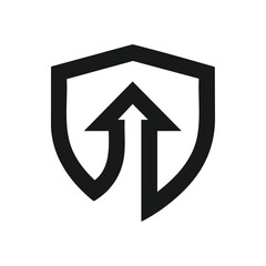 Secure Growth Progress Emblem. Clean graphic featuring a shield encompassing an ascending arrow. This design evokes security, forward momentum, and steady improvement.