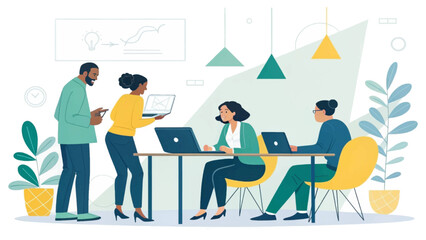 Diverse business team collaborating in a modern office. Professionals discussing ideas and working on laptops, showcasing teamwork, innovation, and productivity in a corporate setting.