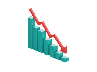 Isometric 3d bar chart showing financial downturn with red downward arrow isolated on transparent background