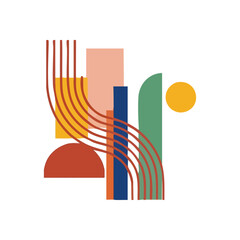 Colorful Geometric Shapes Abstract. Vibrant artwork with diverse architectural forms and a striking color palette on a dark ground. Evokes a sense of creative harmony and contemporary design.