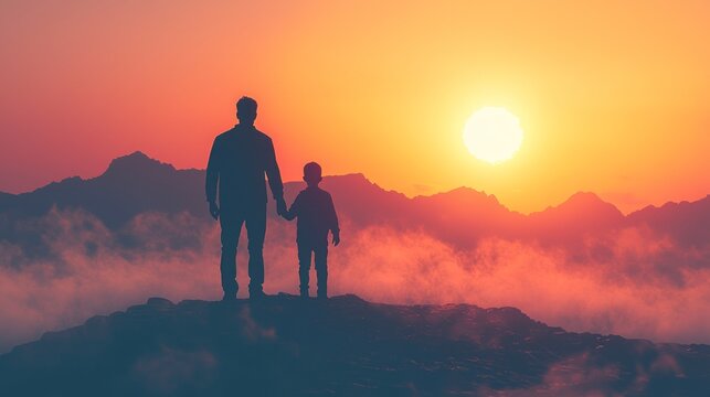 Father and son looking at sunset together