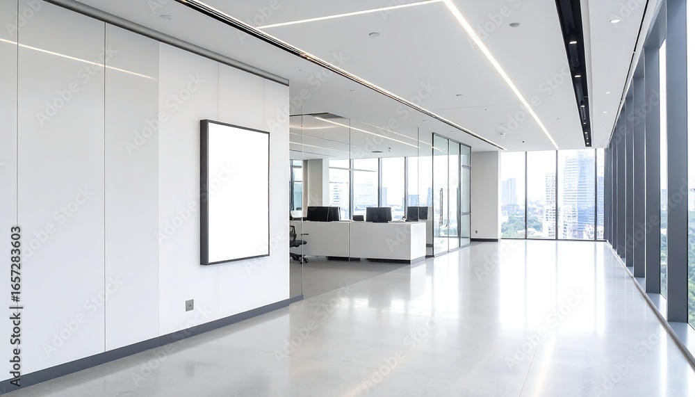 Poster modern office interior showcasing clean lines and bright light through large windows creating a prof