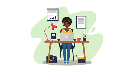 An African American woman works remotely on her laptop from a home office, wearing headphones for focus. Ideal for concepts of work-from-home, online education, or modern lifestyle.