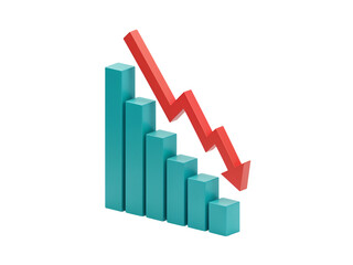 3d teal bar graph showing a downward trend with a red arrow indicating financial decline isolated on transparent background