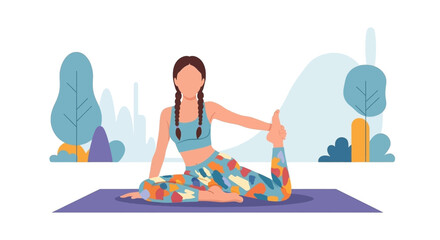 Woman in King Pigeon yoga pose on a mat, demonstrating flexibility and mindfulness. Represents health, fitness, and active lifestyle.