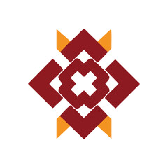Vibrant Symmetrical Geometric Pattern. A striking artistic composition featuring a central white plus sign, surrounded by maroon shapes and orange accents on a dark backdrop. Conveys precision and.