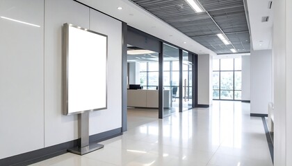 Fototapeta premium Blank billboard stands in modern office hallway near glass doors and windows, creating a bright and professional atmosphere for advertising and announcements.