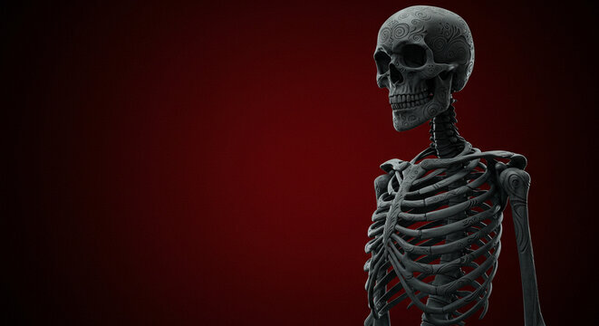 Intricate dark stone skeleton bust with ornate swirling patterns against deep red backdrop - Powered by Adobe