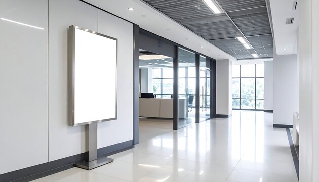 Blank billboard stands in modern office hallway near glass doors and windows, creating a bright and professional atmosphere for advertising and announcements.