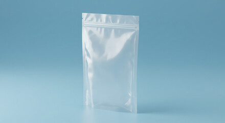 Blank clear stand-up pouch with zipper on blue background, perfect for product packaging mockups