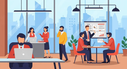 Professionals collaborate in a modern open-plan office, engaged in meetings, discussions, and individual work amidst a dynamic cityscape. Ideal for business, technology, and corporate themes.