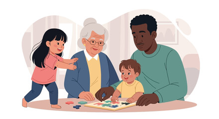 Happy multi-generational family playing puzzle together at home, fostering learning, bonding, and intergenerational connection. Ideal for family, lifestyle, and education concepts.