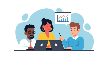 Diverse business team collaborating on laptops, discussing financial growth and strategies. Ideal for concepts of teamwork, success, and digital work.