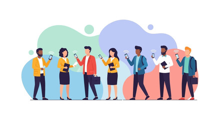 Diverse individuals connected via smartphones, symbolizing modern communication, networking, and digital lifestyle. Ideal for technology, business, and social media themes.