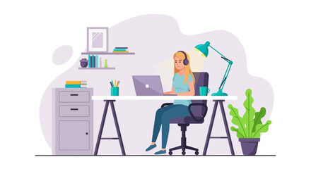 Productive young woman focused on remote work at her home office desk. Ideal for business, education, online learning, and freelance concepts.