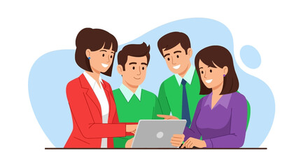 Diverse business team collaborating on a laptop, discussing new ideas. Professional meeting, teamwork, and innovation concept for modern workplace.