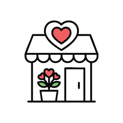 Heartwarming Love Store Building. This charming graphic portrays a friendly boutique adorned with symbols of devotion, signifying deep affection. Ideal for romantic holidays or couples.