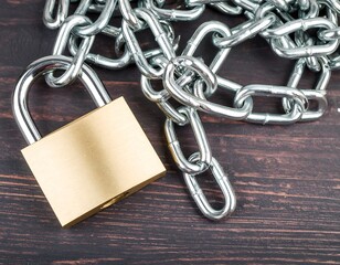 Padlock and chain on wooden table