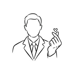 Modern Man Love Symbol. Stylish male silhouette in formal attire conveys warmth and positive sentiment. A hand forms a popular East Asian sign of heartfelt appreciation.